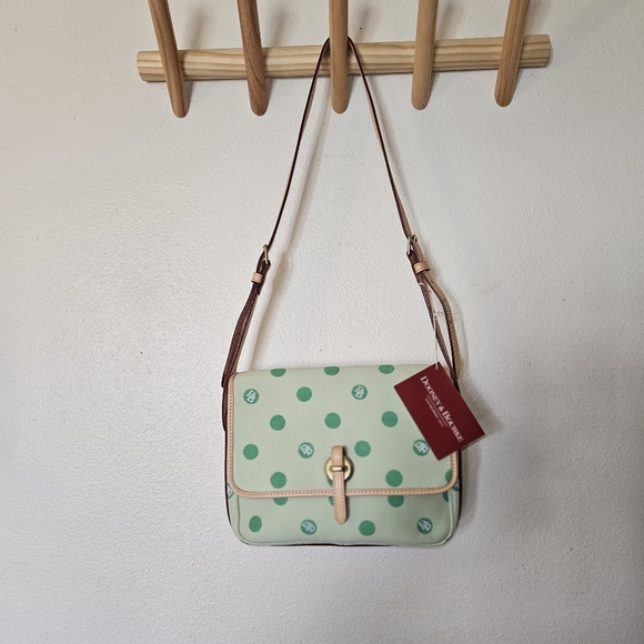 NWT Dooney & Bourke Green Polka Dot Flap Crossbody Canvas Leather Purse - Picture 13 of 14